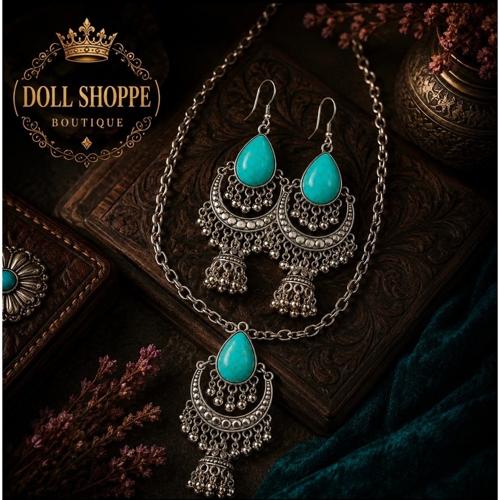 Turquoise Boho Fringe Necklace & Earring Set